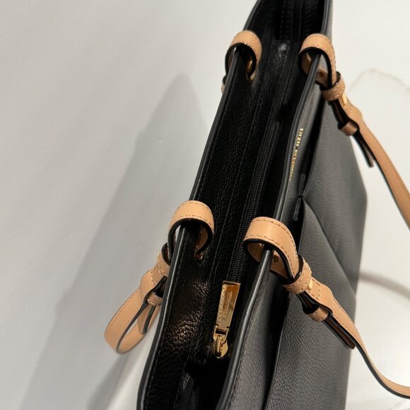 Michael Kors Bedford Medium Pebbled Leather Pocket Tote Handbag Black Tan Straps - Picture 5 of 12